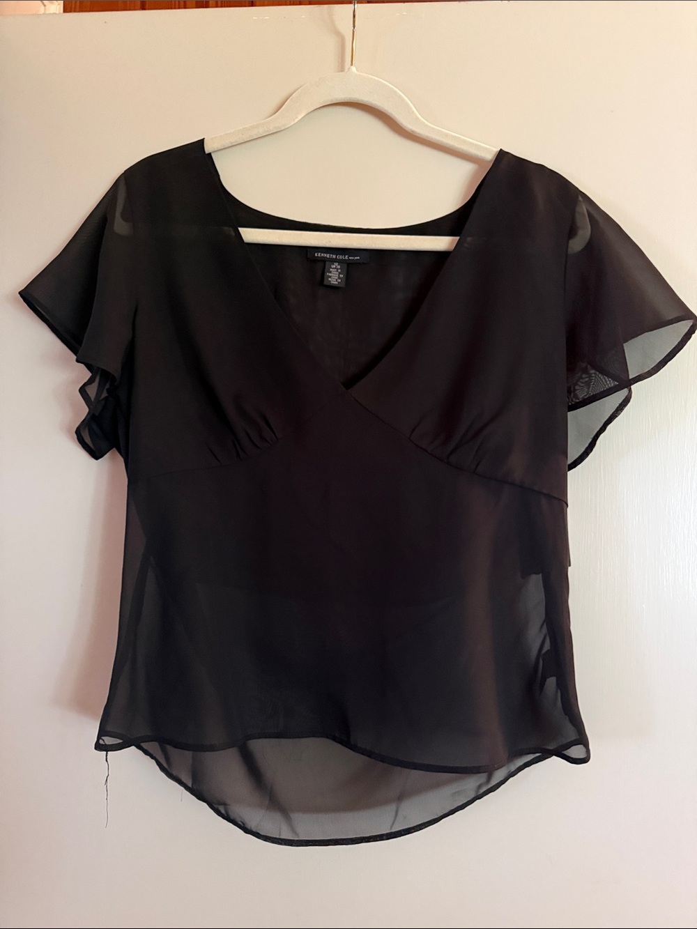 Kenneth Cole Black Sheer V-Neck Flutter Sleeve Blouse